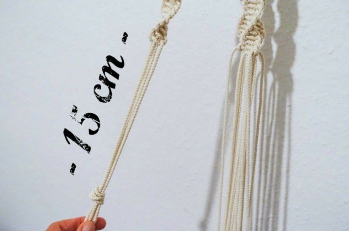 macrame strands tied together in different knots, macrame plant hanger, step by step diy tutorial, white background