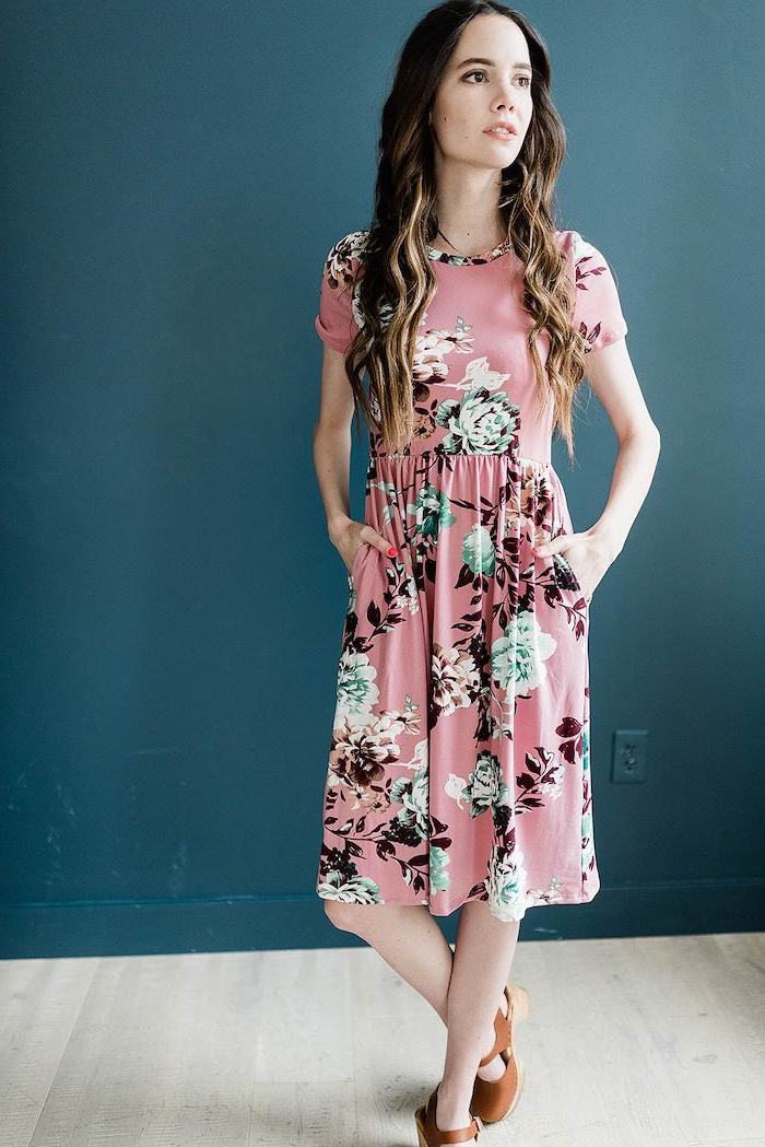 woman with long brown hair, wearing a pink dress with floral print, brown sandals, womens easter dresses 2019