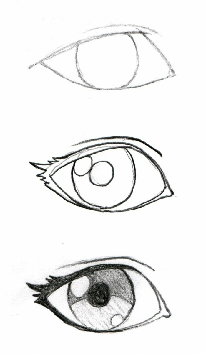 step by step diy tutorial in three steps, how to draw a crying eye, black pencil sketch on white background
