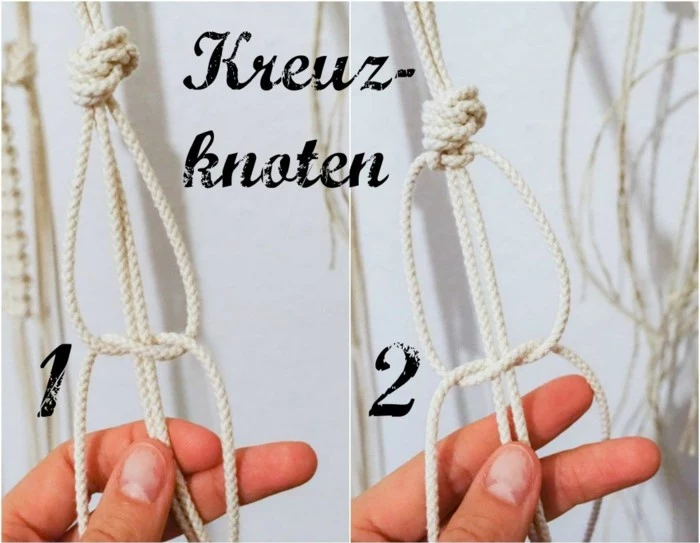 side by side photos of macrame knot, two different knots, macrame plant hanger, step by step diy tutorial