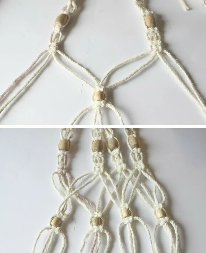 macrame plant hanger patterns, wooden beads tied intoo white macrame, placed on white surface, step by step diy tutorial
