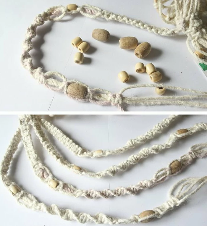 wooden beads tied into white macrame, macrame plant hanger patterns, step by step diy tutorial, placed on white surface