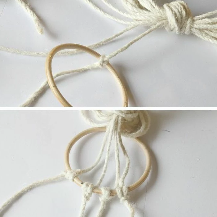 two photos of step by step diy tutorial, how to macrame, white macrame strands tied to wooden circle