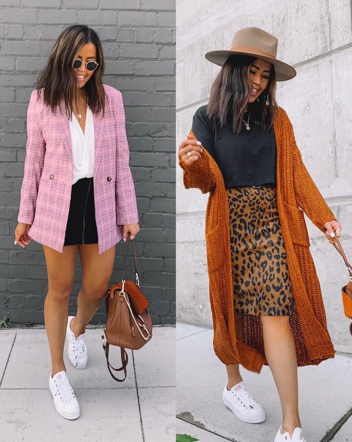 side by side photos of the same woman, wearing different outfits, cute middle school outfits, leopard print skirt and black t shirt