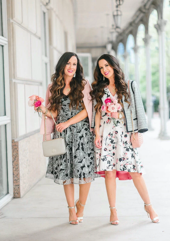 two women standing on a sidewalk, wearing different dresses and blazers, womens easter dresses 2019, holding bouquets of roses