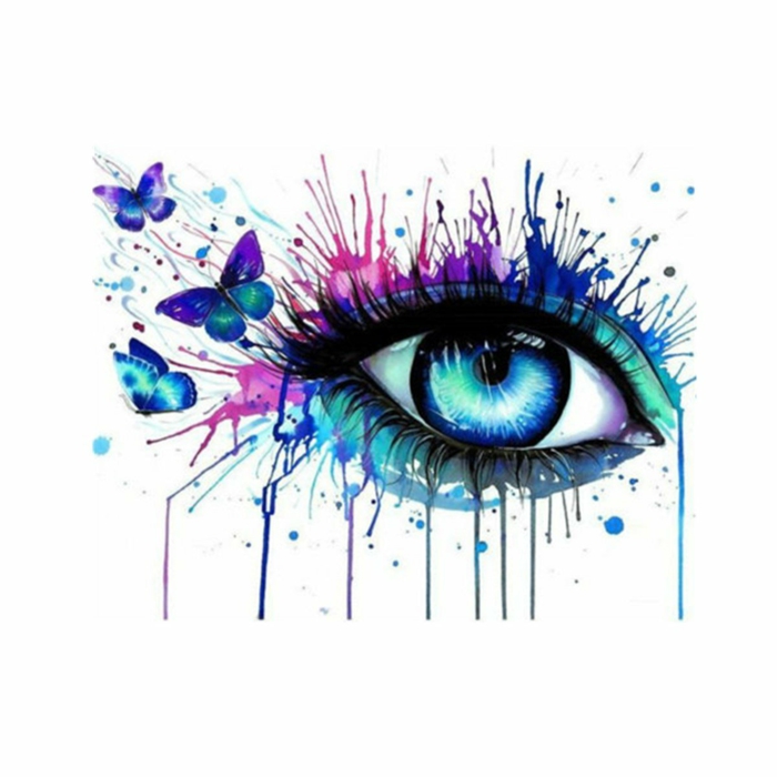 watercolor drawing of a blue eye, surrounded by butterflies, pictures of eyes to draw, painted on white background