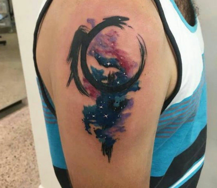 dragon with wings, watercolor galaxy behind it, shoulder tattoo, snake eating itself meaning