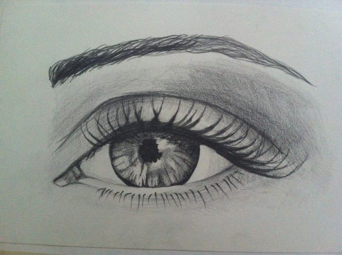 black pencil sketch on white background, pictures of eyes to draw, female eye with long lashes and thin eyebrow