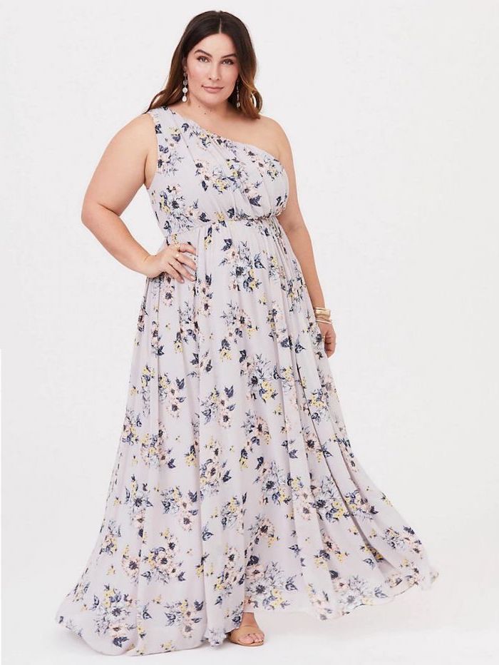 woman with brown hair, wearing a long white dress with floral print, cute easter outfits, white background