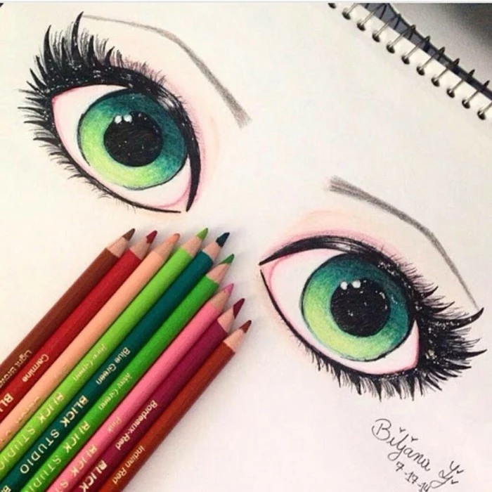 set of turquoise cartoon eyes, long lashes and thin eyebrows, pictures of eyes to draw, pencil drawing on white background
