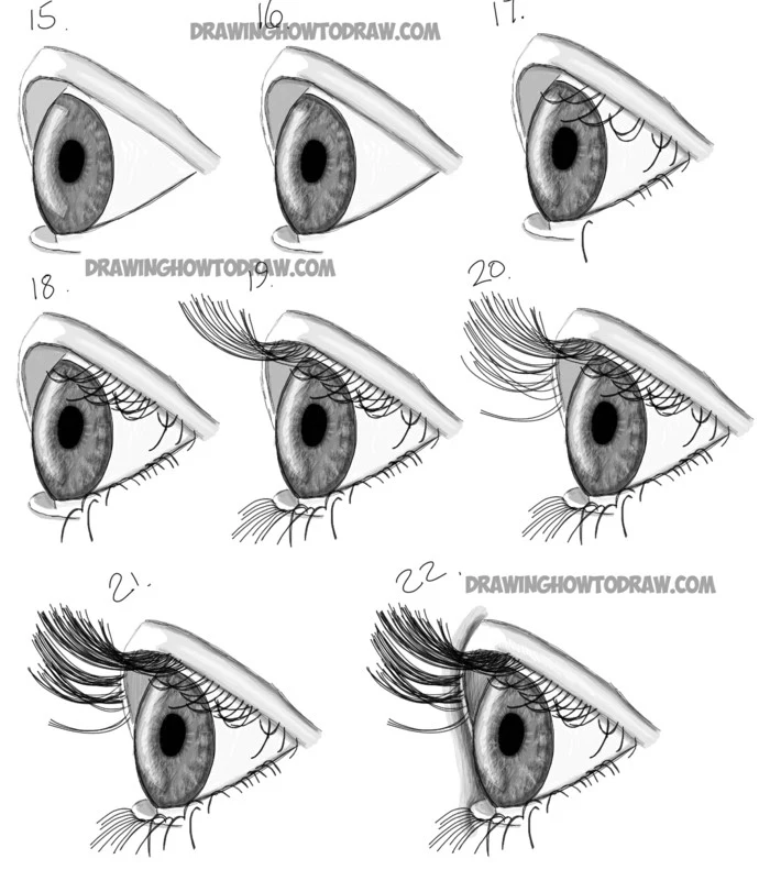 how to draw the side profile of an eye, pictures of eyes to draw, step by step diy tutorial