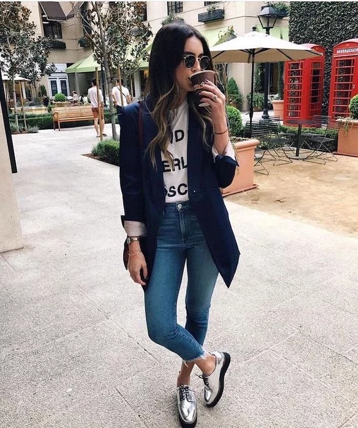 girl wearing jeans, white t shirt and navy blue blazer, cute lazy outfits, drinking coffee, silver shoes