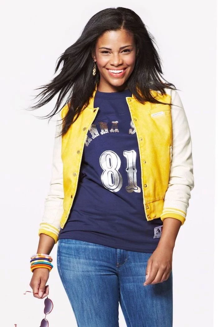 girl with black hair, wearing blue t shirt and jeans, yellow bomber jacket, high school cute outfits, white background