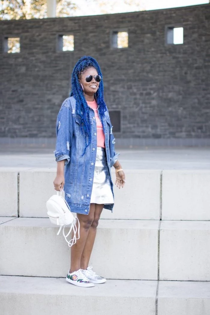 woman with blue hair, wearing silver skirt and pink t shirt, long denim jacket, cute outfits to wear to school, white backpack