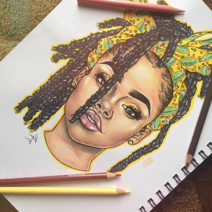 what to draw when bored, colored drawing of a woman, black braided hair, yellow head scarf wrapped around her head