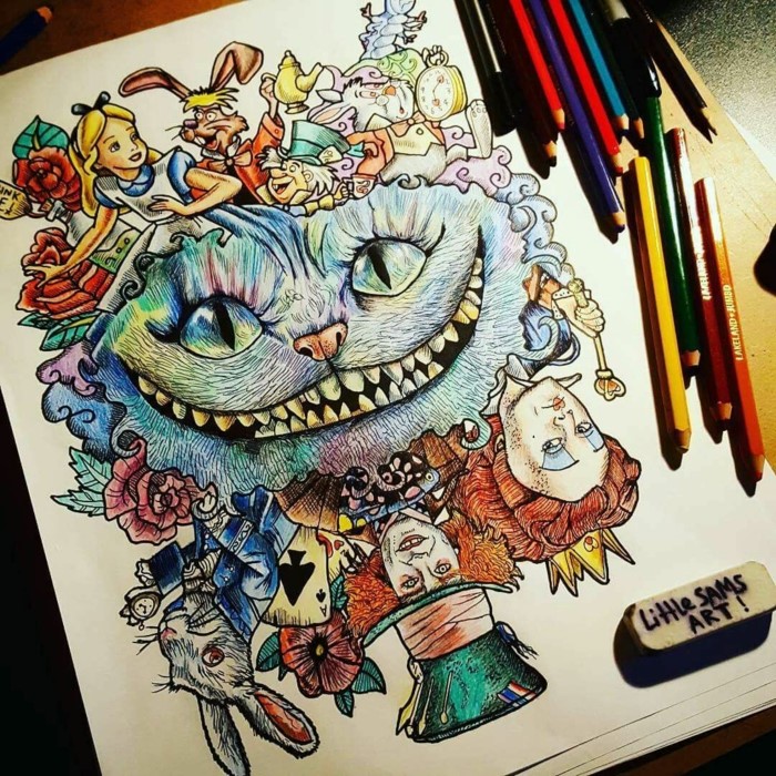 alice in wonderland characters, cool easy drawings, colored drawing, cheshire cat surrounded by other characters