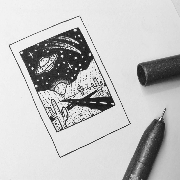  navire extraterrestre dans le ciel, sur une route déserte, dessins faciles et sympas, dessin au crayon noir sur fond blanc