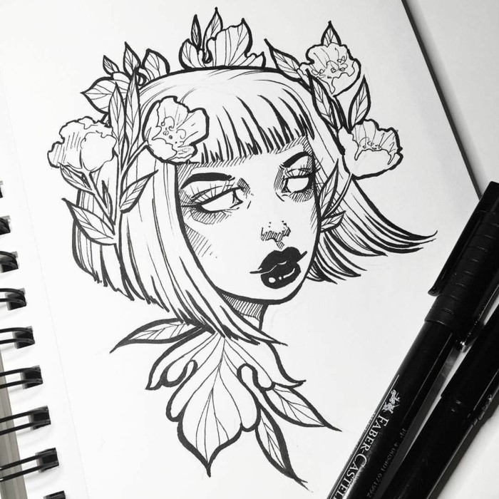  dessin au crayon noir sur blanc fond, idées de dessin cool, fille aux cheveux courts et aux fleurs sur la tête