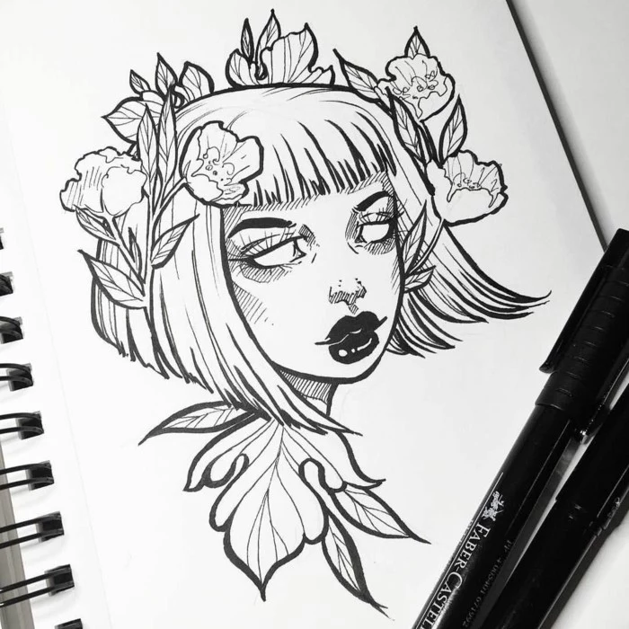 black pencil drawing on white background, cool drawing ideas, girl with short hair and flowers on her head