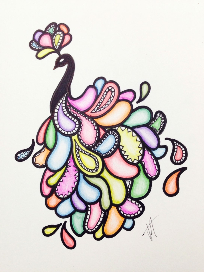  dessin d'un oiseau avec des plumes colorées, idées de dessin cool, fond blanc