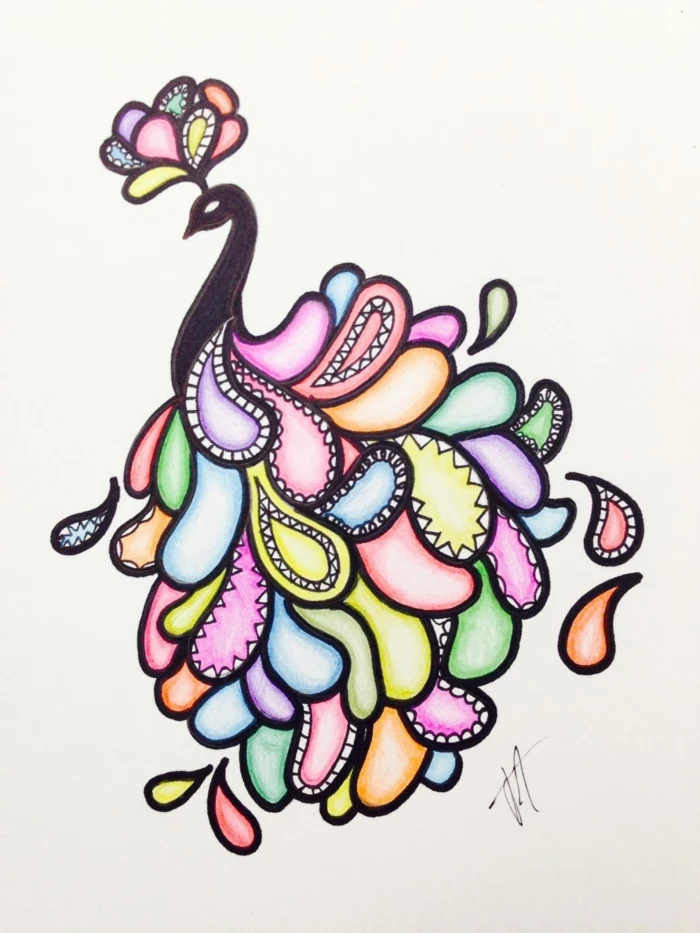 drawing of a bird with colorful feathers, cool drawing ideas, white background