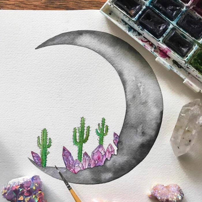 watercolor drawing on white background, black crescent moon, purple crystals and cactuses, what to draw when bored