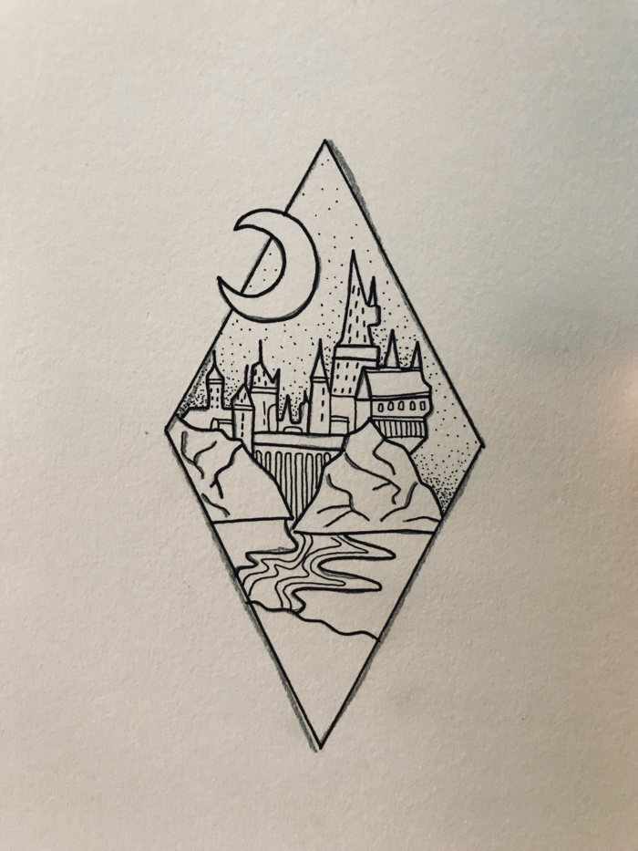 black pencil drawing on white background, cute easy drawings, hogwarts castle under the crescent moon