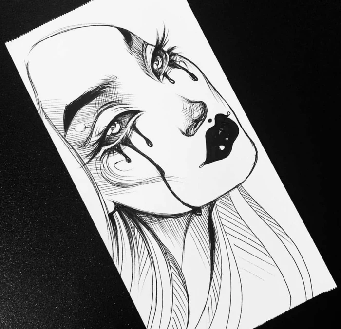 things to draw when bored, black pencil drawing on white background, girl crying black tears