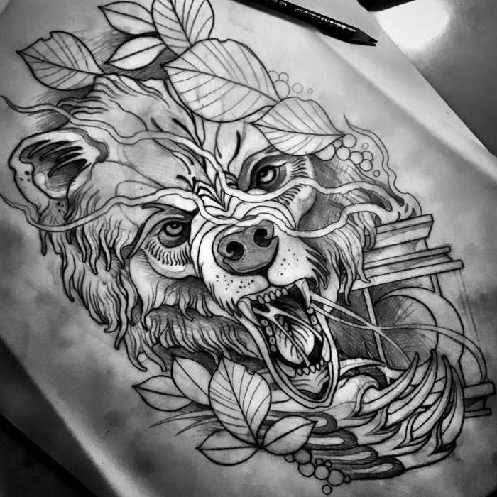 neo traditional rose, black pencil sketch of a growling bear, surrounded by leaves, white background