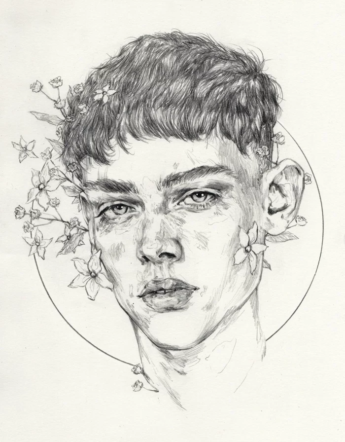 drawing of a boy, surrounded by flowers, cute easy drawings, black pencil drawing on white background