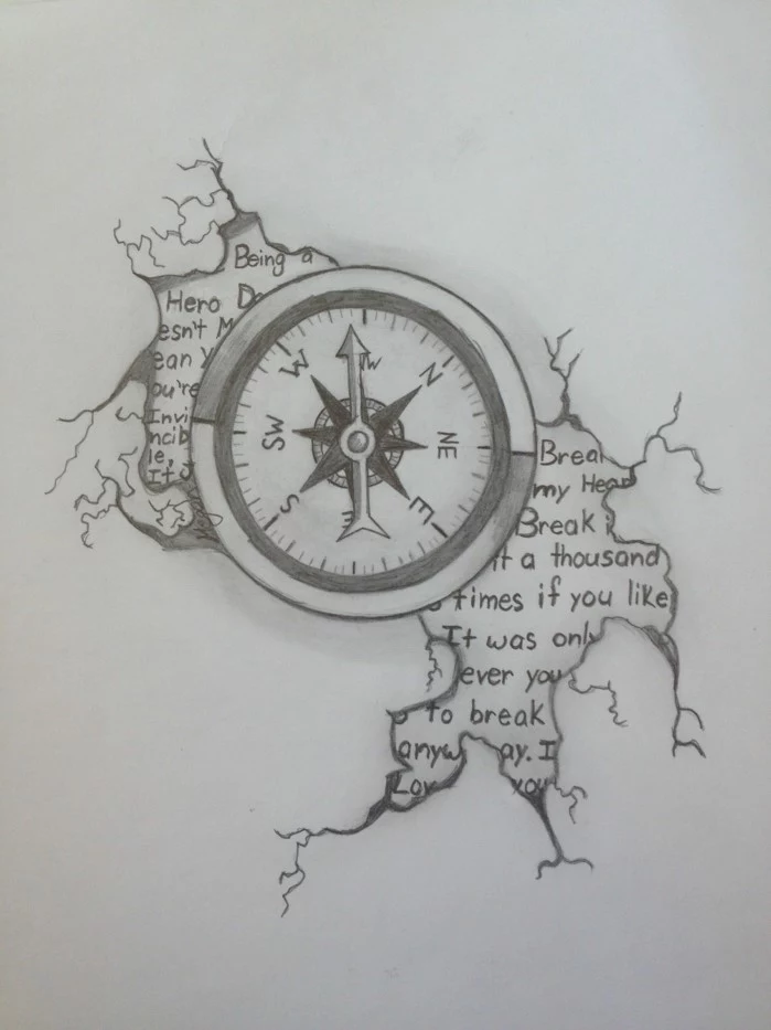 drawing of a compass, words written around it, things to draw when bored, black pencil drawing on white background