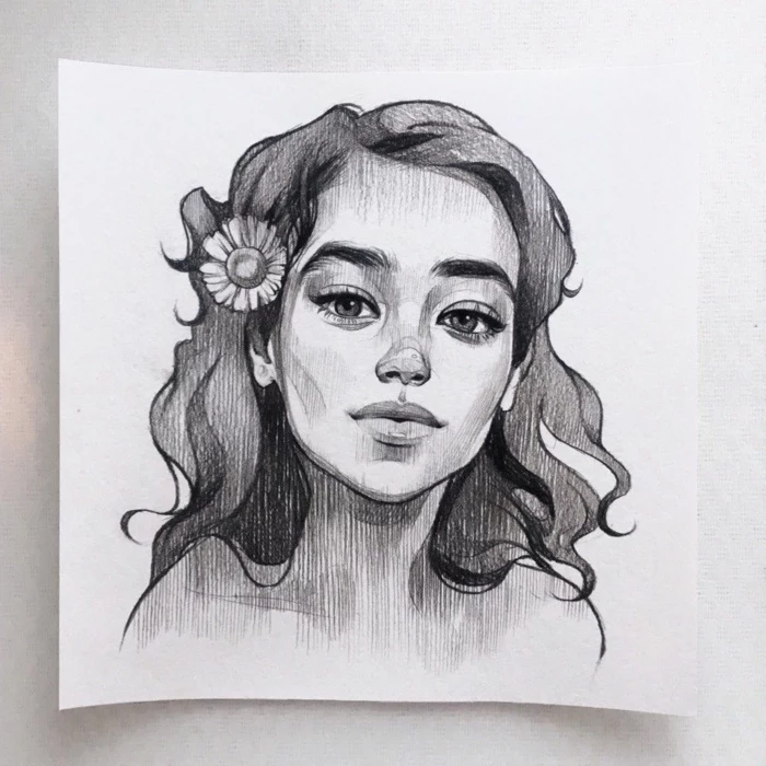 girl with short wavy hair, flower in her hair, black pencil drawing on white backgorund, cute easy drawings