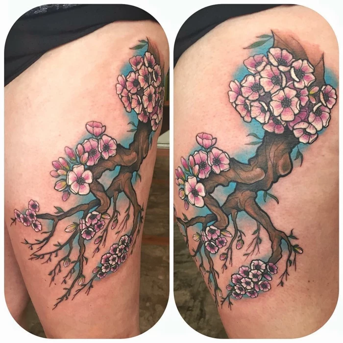 side by side photos of thigh tattoo, blooming tree with pink blossoms, neo traditional rose