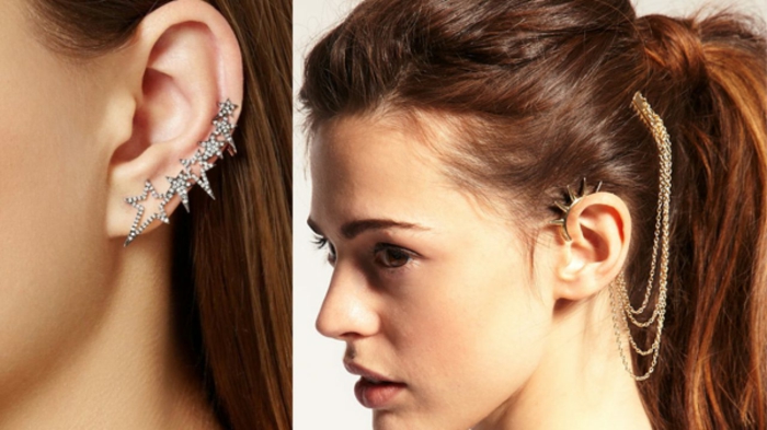 side by side photos of brunette woman, hair in a ponytail, wearing different earrings, cartilage ear piercings