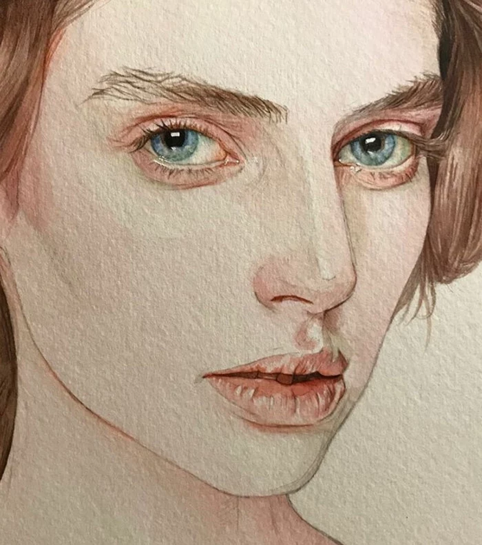 watercolor drawing, close up of a woman with blue eyes, easy drawings of people, white background