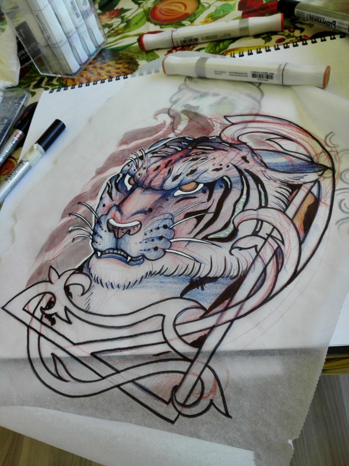 colored pencil drawing of a tiger's head, neo traditional rose, white sketchbook, markers around it