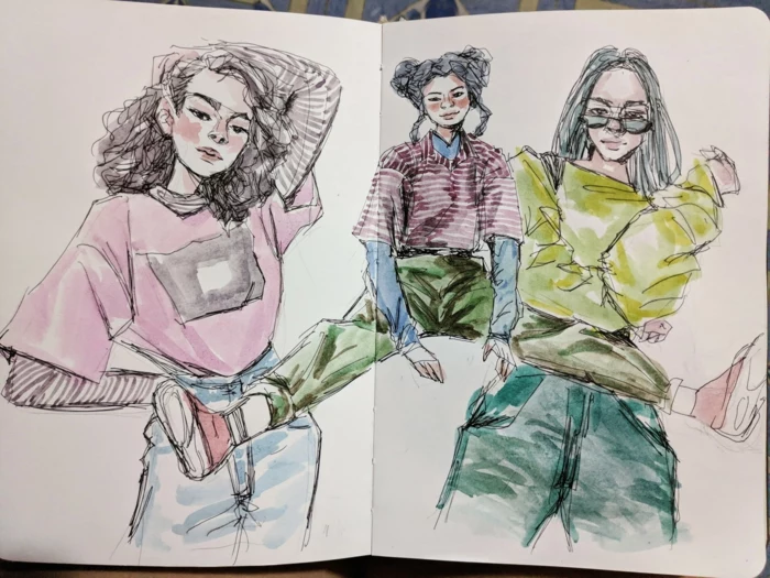 colored drawing of three girls, cute easy drawings, all wearing different fashionable outfits