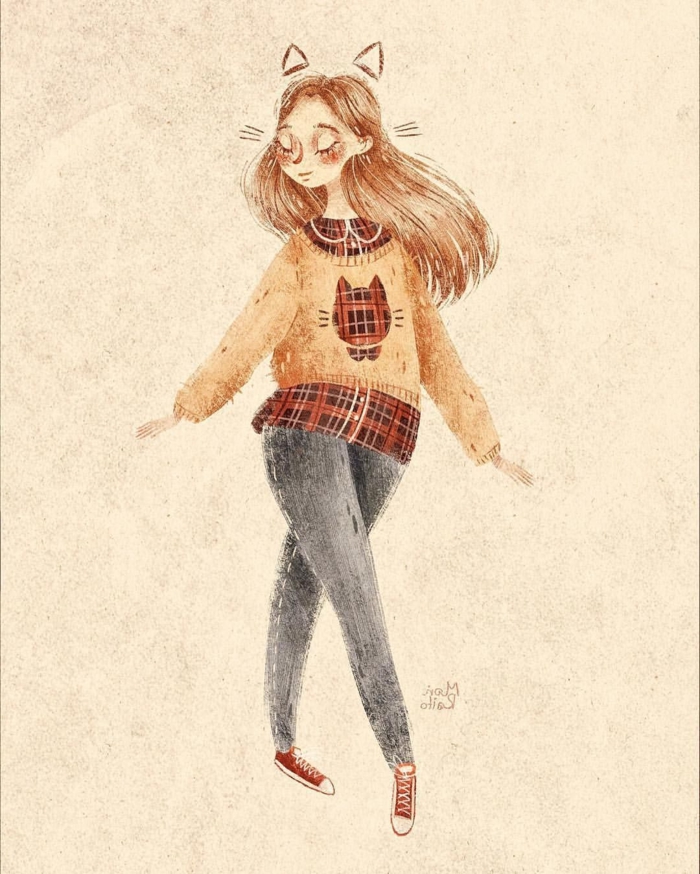 colorato disegno di una ragazza con i capelli lunghi, indossa jeans e un maglione, cute easy disegni, plaid shirt