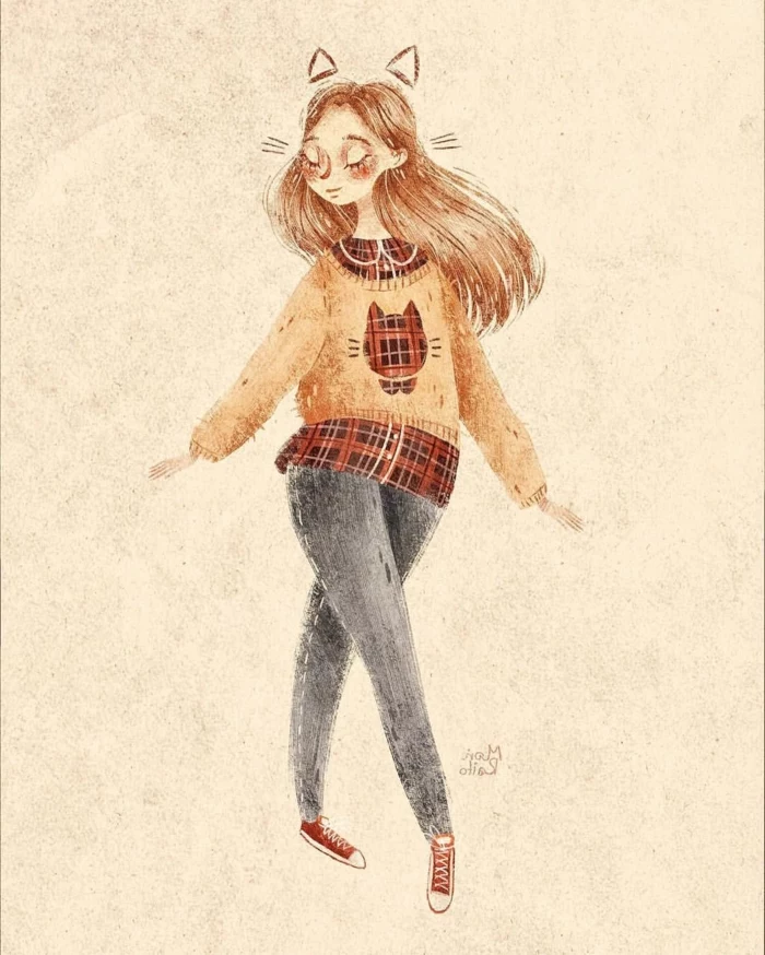 colored drawing of a girl with long hair, wearing jeans and sweater, cute easy drawings, plaid shirt