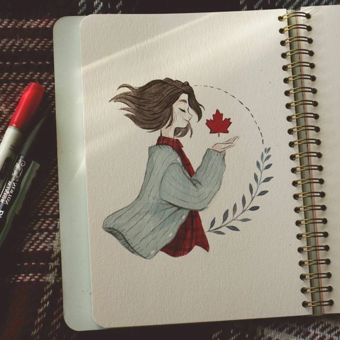 colored drawing of a girl with short hair, wearing plaid shirt and grey cardigan, cool easy drawings, white notebook