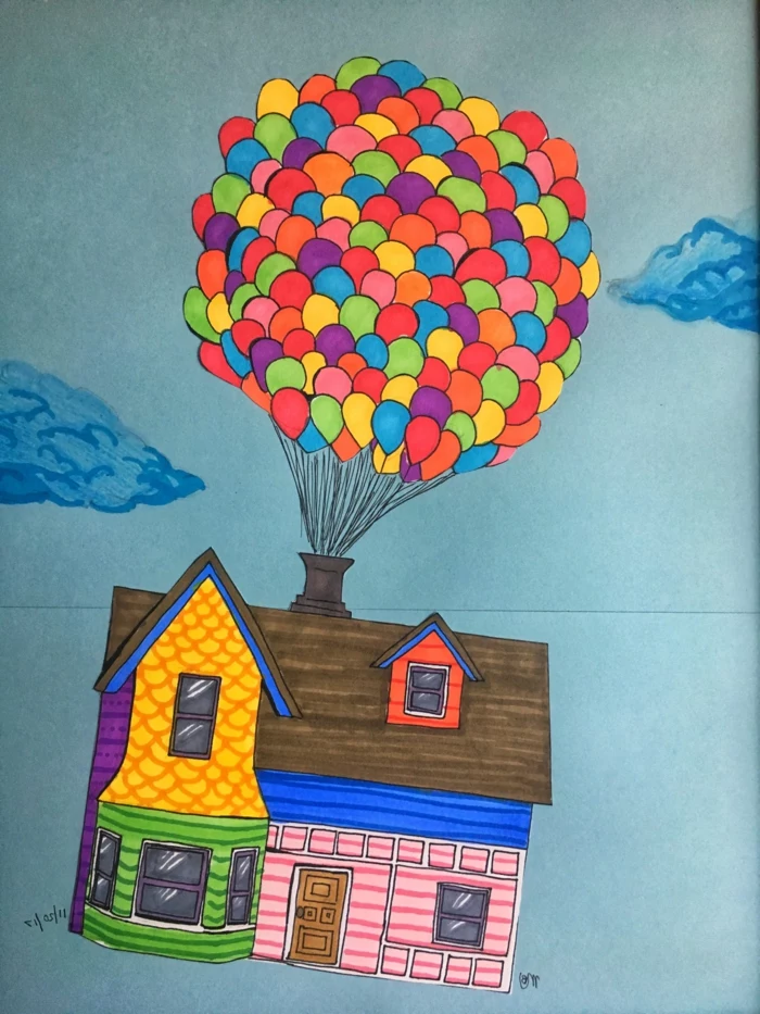 the house from the movie up, carried up by lots of balloons, cool easy drawings, colored drawing with blue background