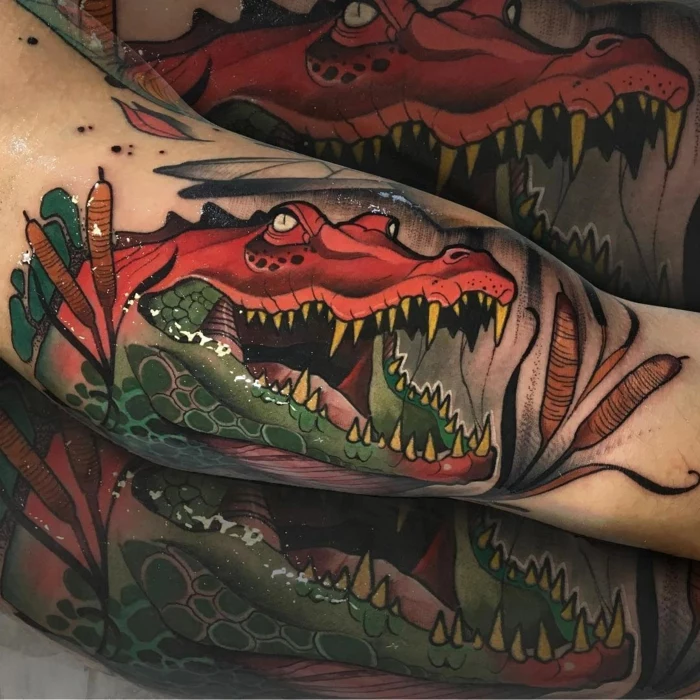 crocodile with an open mouth, swimming in a swamp, traditional tattoo designs, inside arm tattoo