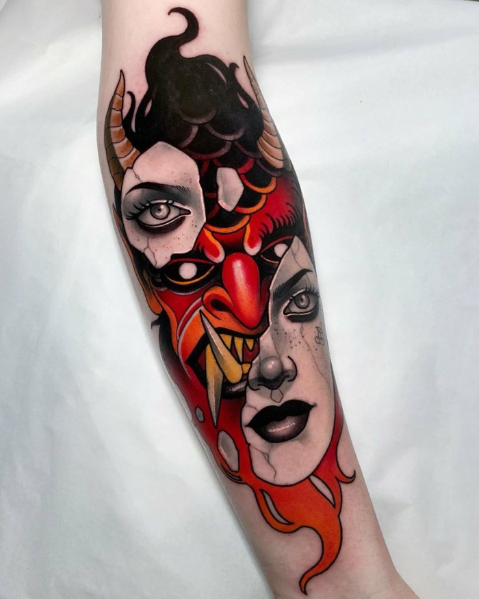 devil hidden behind a mask of a woman face, neo traditional tattoo, forearm tattoo, white background