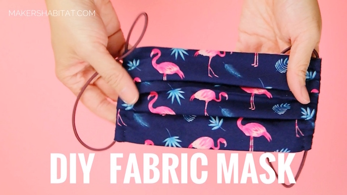 navy blue mask with flamingos print, how to make your own surgical face mask, pink background