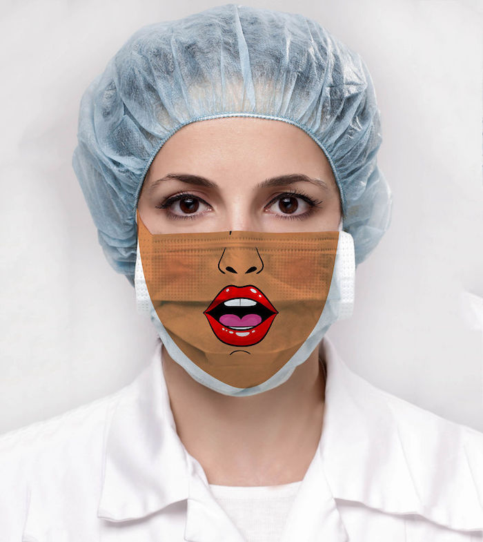 woman with brown eyes, diy breathing mask, wearing mask with lips printed on it, surgical hat