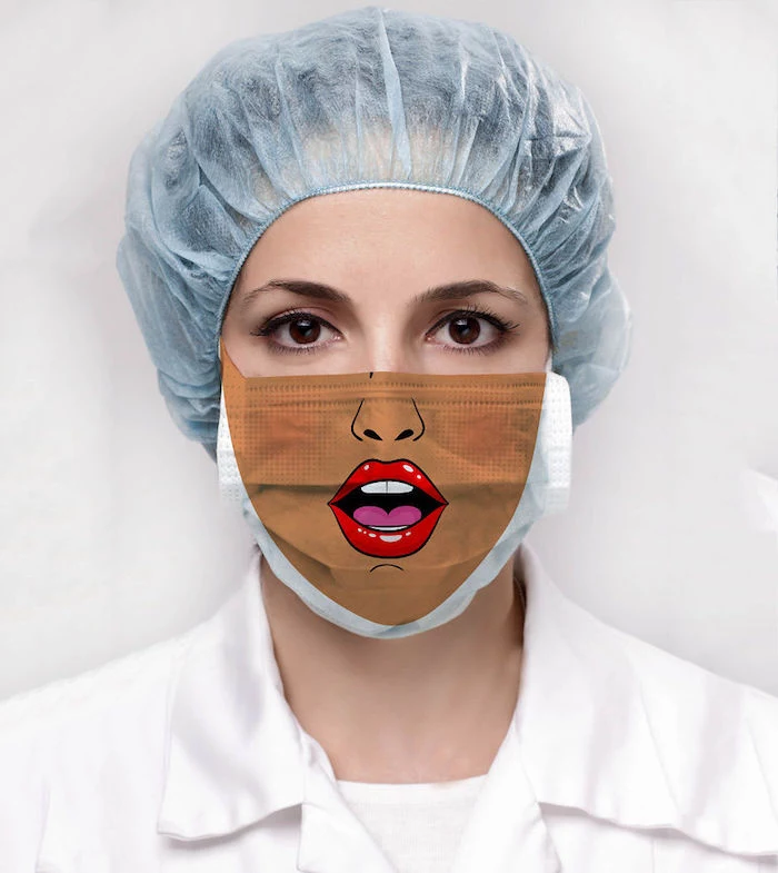 woman with brown eyes, diy breathing mask, wearing mask with lips printed on it, surgical hat