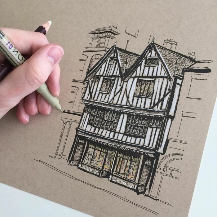 drawing of an old building, black pencil drawing on white background, cute simple drawings, old architecture