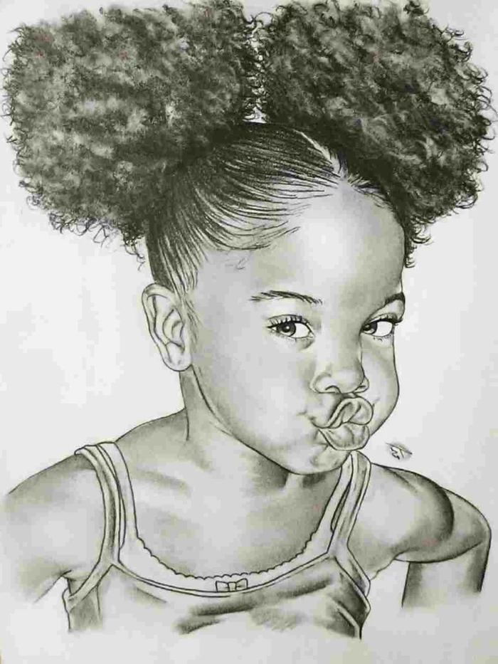 drawing of a girl with curly hair in two ponytails, cute simple drawings, black pencill drawing on white background
