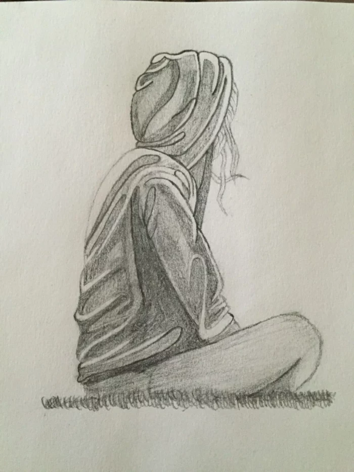 girl sitting down, wearing a hoodie, black pencil sketch on white background, cute simple drawings