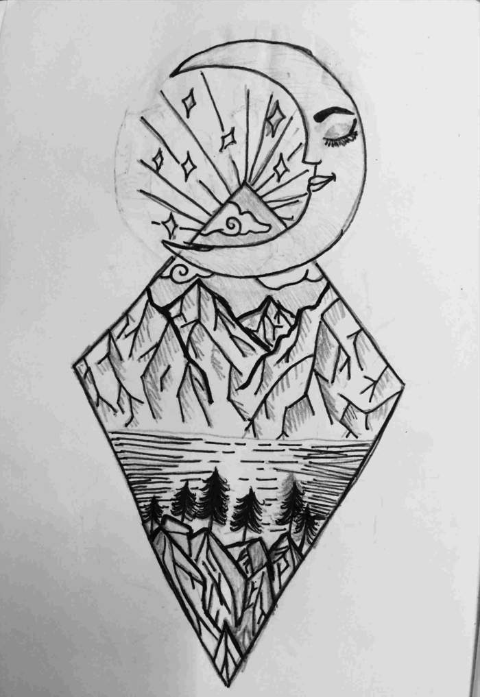  paysage de montagne avec lac, sous un croissant de lune, idées de dessin pour débutants, dessin au crayon noir sur fond blanc